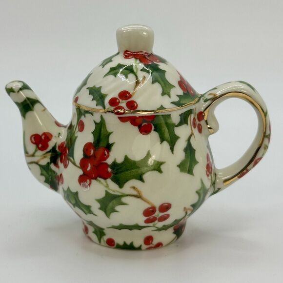 Vintage Miniature Teapot Christmas Decor Ornament Holly Pattern Gold Accents - Picture 6 of 9